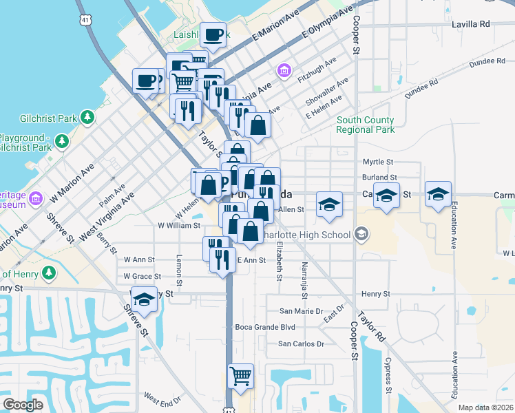 map of restaurants, bars, coffee shops, grocery stores, and more near in Punta Gorda