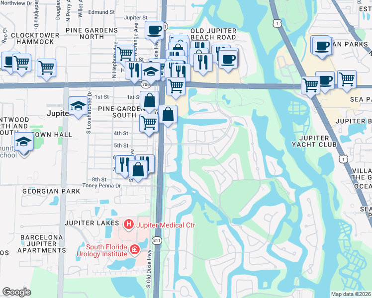 map of restaurants, bars, coffee shops, grocery stores, and more near 3865 Cape Pointe Circle in Jupiter