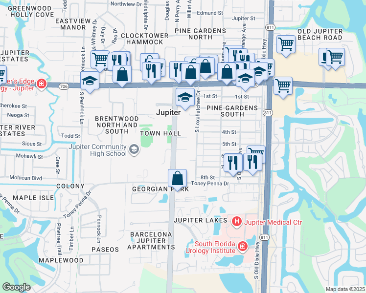 map of restaurants, bars, coffee shops, grocery stores, and more near 410 Chevron Circle in Jupiter
