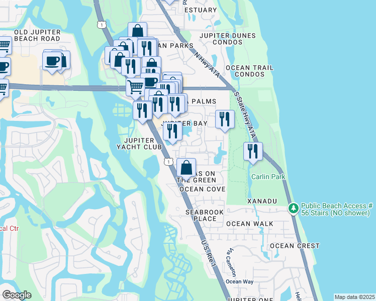 map of restaurants, bars, coffee shops, grocery stores, and more near 1127 East Seminole Street in Jupiter