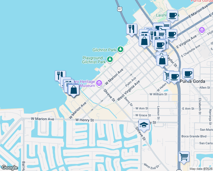 map of restaurants, bars, coffee shops, grocery stores, and more near 155 Sarah Street in Punta Gorda