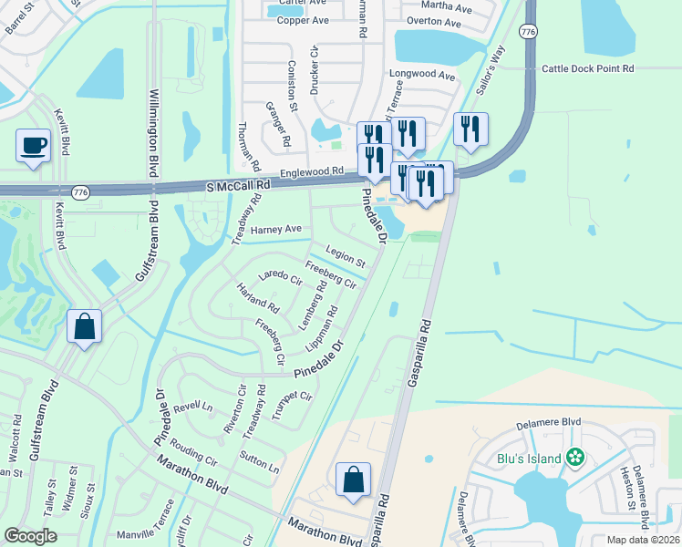 map of restaurants, bars, coffee shops, grocery stores, and more near 7075 Legion Street in Port Charlotte
