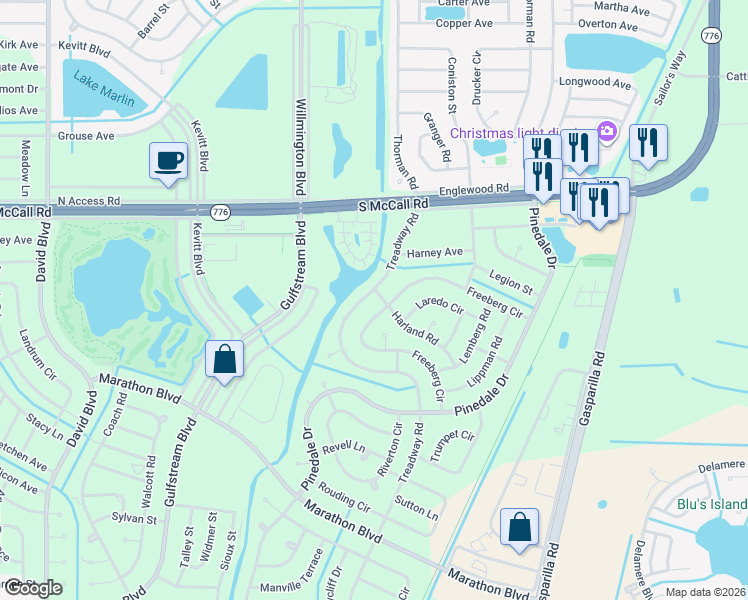 map of restaurants, bars, coffee shops, grocery stores, and more near 7028 Treadway Road in Port Charlotte