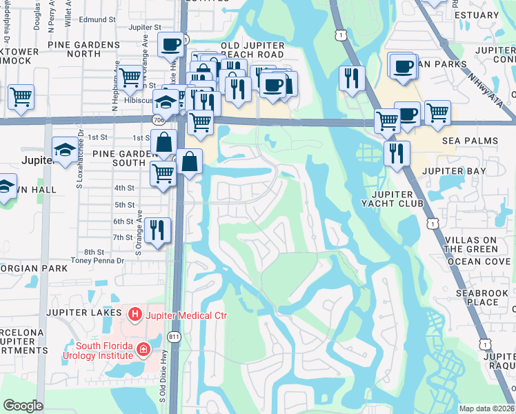 map of restaurants, bars, coffee shops, grocery stores, and more near 3648 Freshwater Drive in Jupiter
