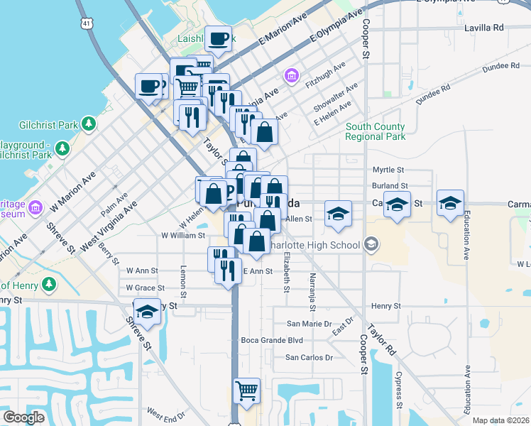 map of restaurants, bars, coffee shops, grocery stores, and more near in Punta Gorda