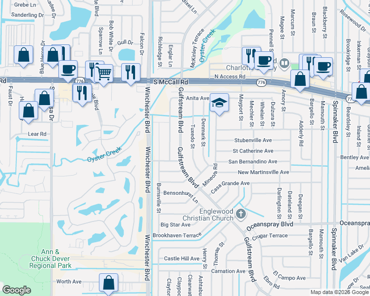 map of restaurants, bars, coffee shops, grocery stores, and more near 9341 Gulfstream Boulevard in Englewood