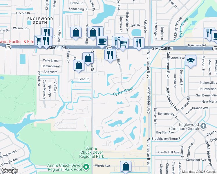 map of restaurants, bars, coffee shops, grocery stores, and more near 8332 Creekview Lane in Englewood