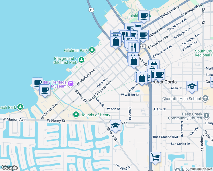 map of restaurants, bars, coffee shops, grocery stores, and more near 619 Palm Avenue in Punta Gorda