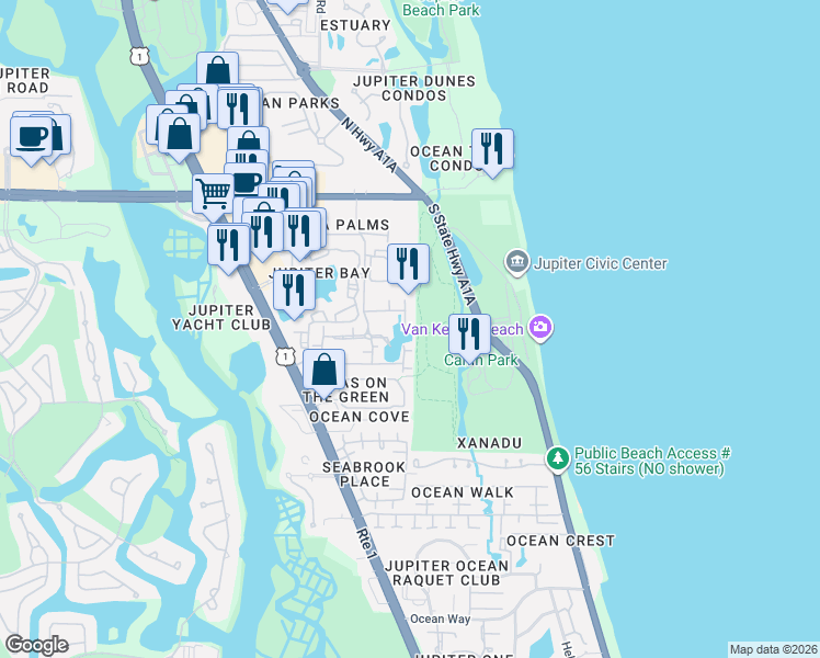 map of restaurants, bars, coffee shops, grocery stores, and more near 460 Bella Vista Court North in Jupiter