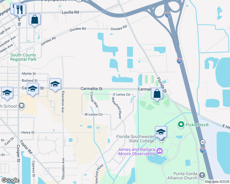 map of restaurants, bars, coffee shops, grocery stores, and more near 25236 East Lenox Circle in Punta Gorda