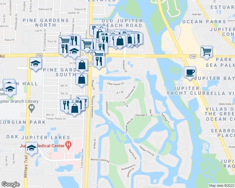 map of restaurants, bars, coffee shops, grocery stores, and more near 17190 Hilliard Terrace in Jupiter