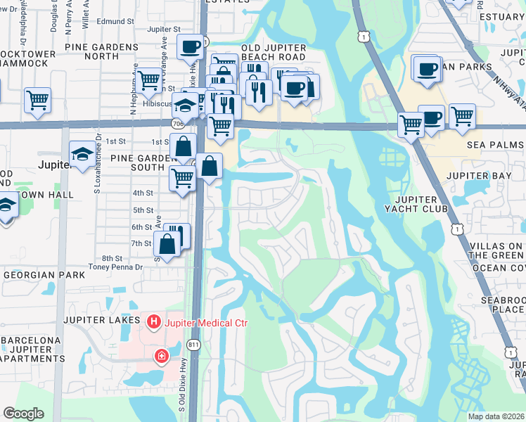 map of restaurants, bars, coffee shops, grocery stores, and more near 17190 Hilliard Terrace in Jupiter