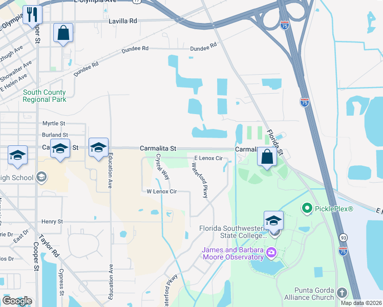 map of restaurants, bars, coffee shops, grocery stores, and more near 25236 East Lenox Circle in Punta Gorda
