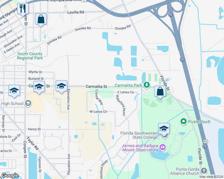 map of restaurants, bars, coffee shops, grocery stores, and more near 25236 East Lenox Circle in Punta Gorda