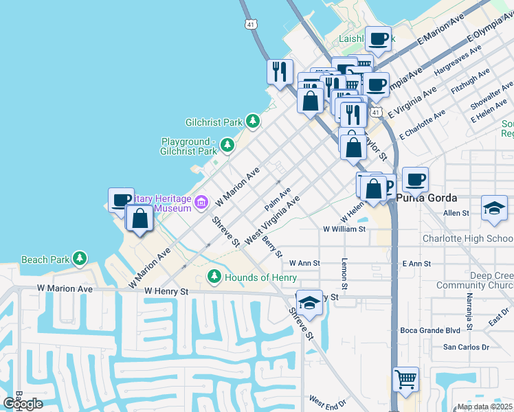 map of restaurants, bars, coffee shops, grocery stores, and more near 711 West Olympia Avenue in Punta Gorda