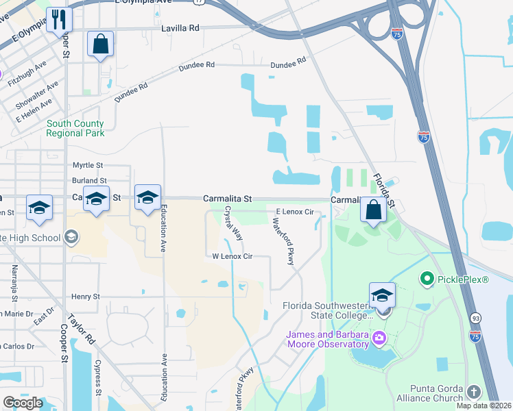 map of restaurants, bars, coffee shops, grocery stores, and more near 25200 East Lenox Circle in Punta Gorda