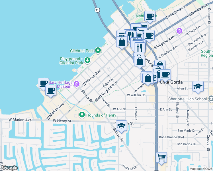 map of restaurants, bars, coffee shops, grocery stores, and more near 619 Palm Avenue in Punta Gorda