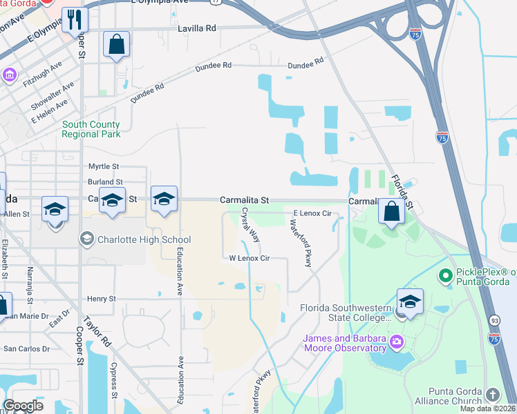 map of restaurants, bars, coffee shops, grocery stores, and more near 25088 East Lenox Circle in Punta Gorda