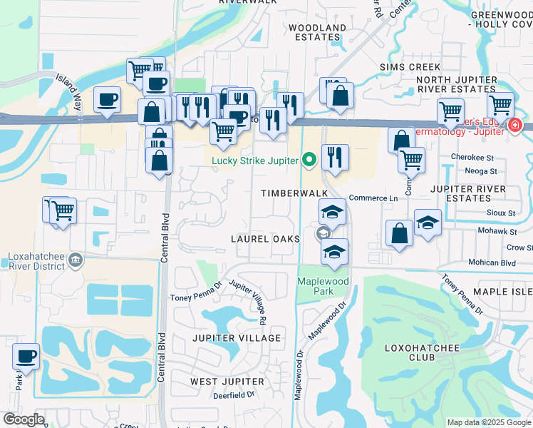 map of restaurants, bars, coffee shops, grocery stores, and more near 331 Timberwalk Trail in Jupiter