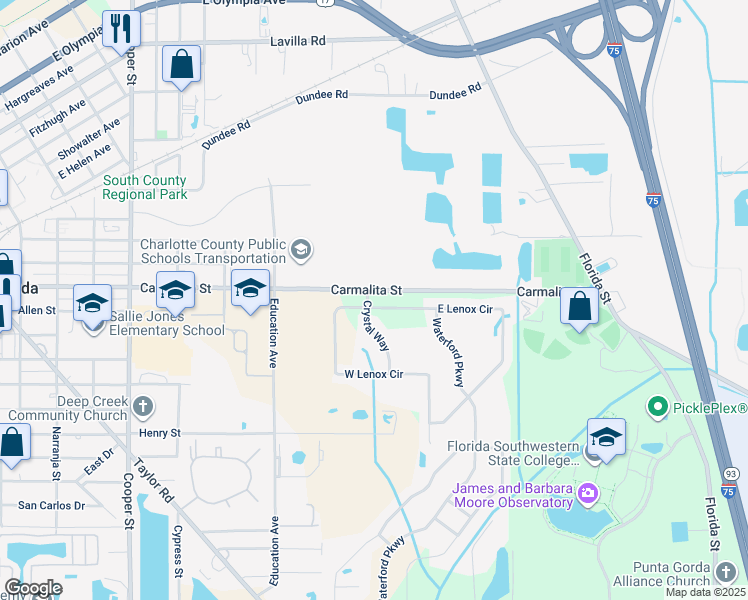 map of restaurants, bars, coffee shops, grocery stores, and more near 25088 East Lenox Circle in Punta Gorda