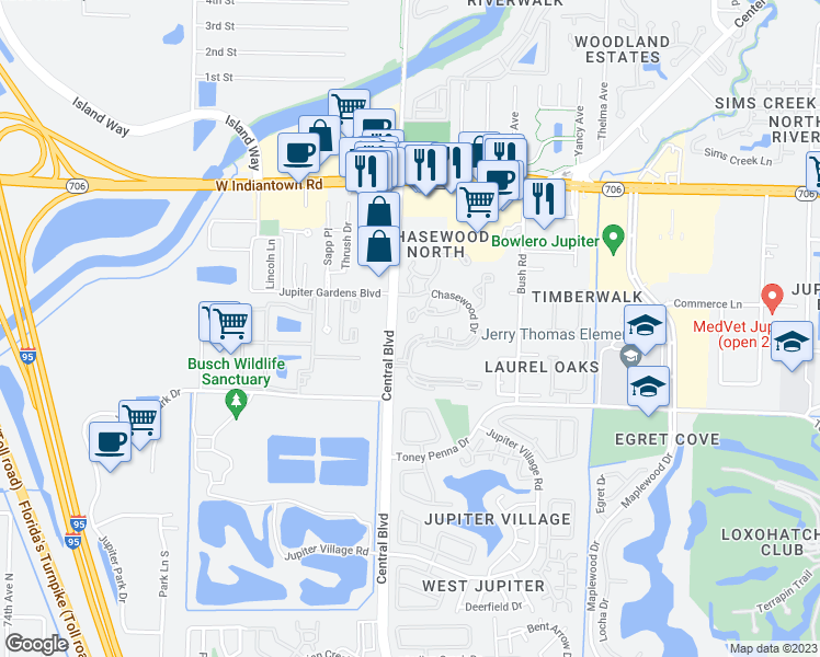 map of restaurants, bars, coffee shops, grocery stores, and more near 6436 Chasewood Drive in Jupiter