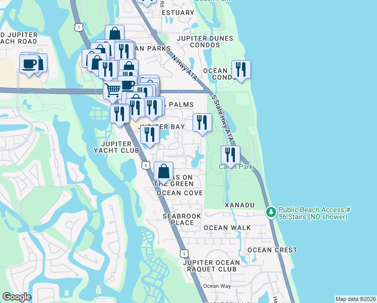 map of restaurants, bars, coffee shops, grocery stores, and more near 1127 East Seminole Avenue in Jupiter
