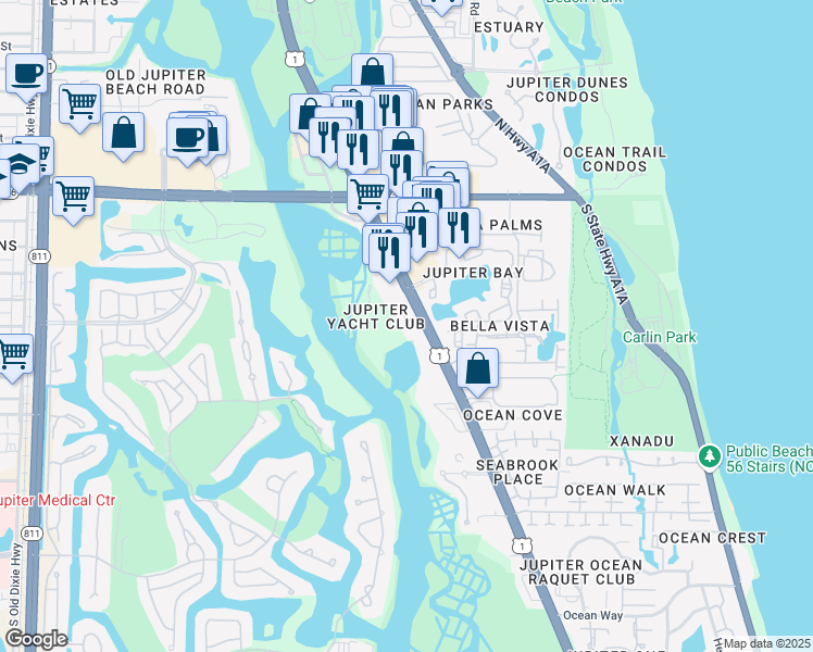 map of restaurants, bars, coffee shops, grocery stores, and more near 500 U.S. 1 in Jupiter