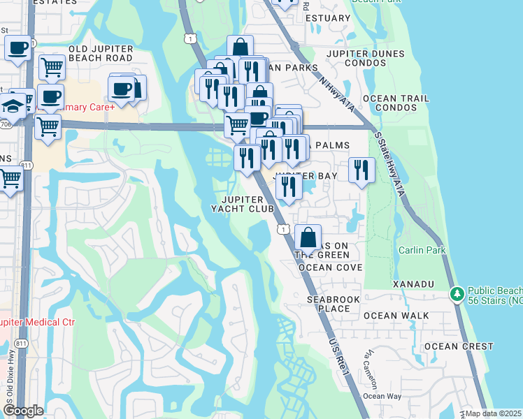 map of restaurants, bars, coffee shops, grocery stores, and more near 500 U.S. 1 in Jupiter