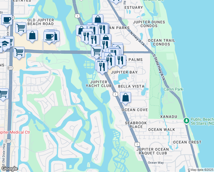 map of restaurants, bars, coffee shops, grocery stores, and more near 500 U.S. 1 in Jupiter