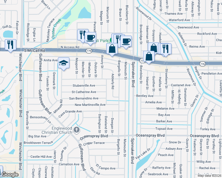 map of restaurants, bars, coffee shops, grocery stores, and more near 7047 Adderly Road in Englewood