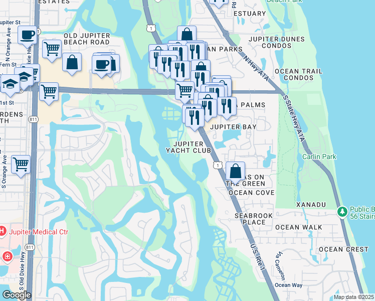 map of restaurants, bars, coffee shops, grocery stores, and more near 340 U.S. 1 in Jupiter
