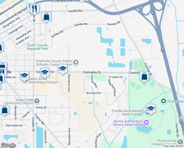 map of restaurants, bars, coffee shops, grocery stores, and more near 25088 East Lenox Circle in Punta Gorda