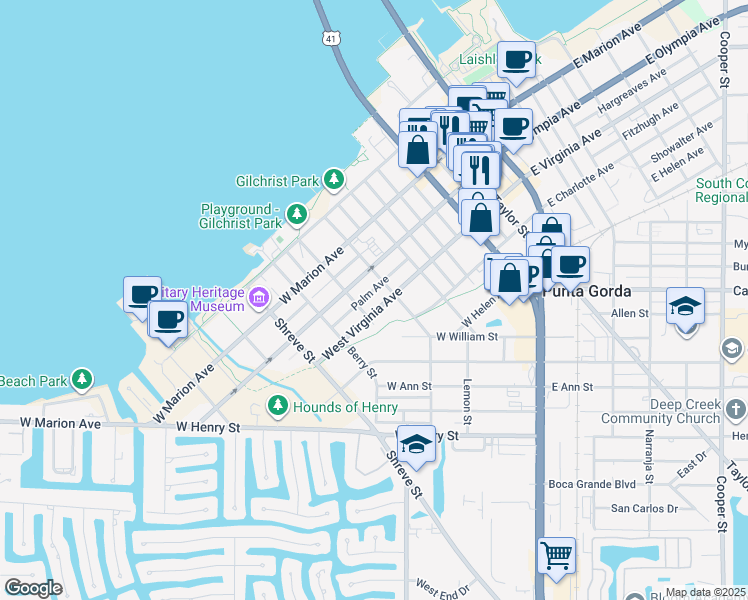 map of restaurants, bars, coffee shops, grocery stores, and more near 619 Palm Avenue in Punta Gorda