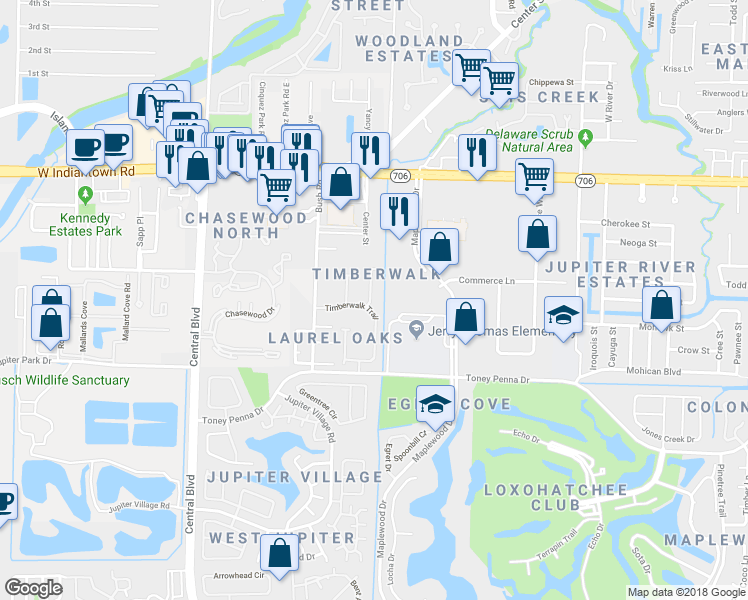 map of restaurants, bars, coffee shops, grocery stores, and more near 111 Fox Meadow Run in Jupiter
