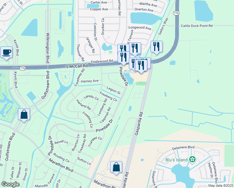 map of restaurants, bars, coffee shops, grocery stores, and more near 7075 Legion Street in Port Charlotte
