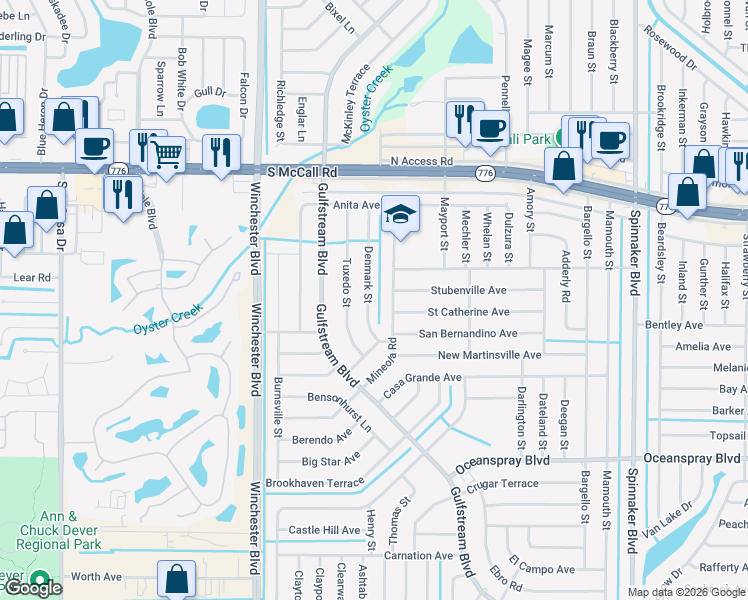 map of restaurants, bars, coffee shops, grocery stores, and more near 7043 Mineola Road in Englewood