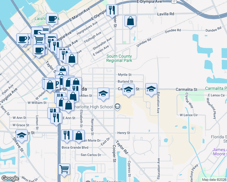 map of restaurants, bars, coffee shops, grocery stores, and more near 1005 Cooper Street in Punta Gorda