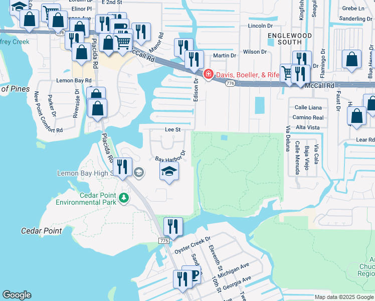 map of restaurants, bars, coffee shops, grocery stores, and more near 1075 Bay Harbor Drive in Englewood