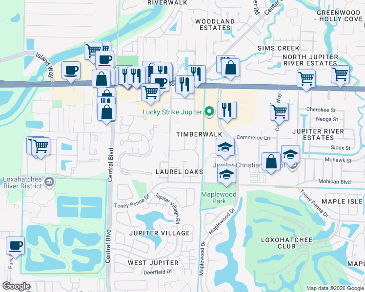 map of restaurants, bars, coffee shops, grocery stores, and more near 106 Wooden Mill Terrace in Jupiter