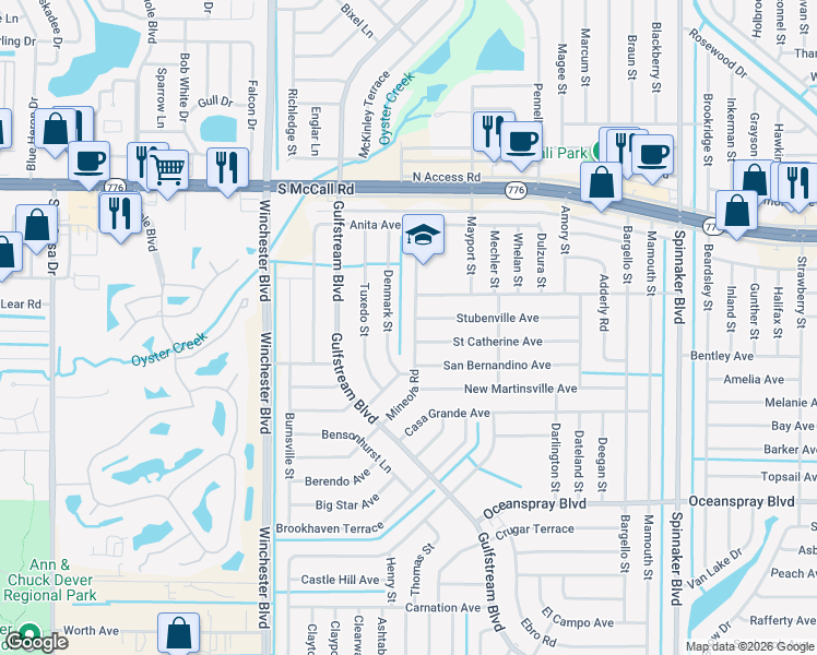 map of restaurants, bars, coffee shops, grocery stores, and more near 7043 Mineola Road in Englewood