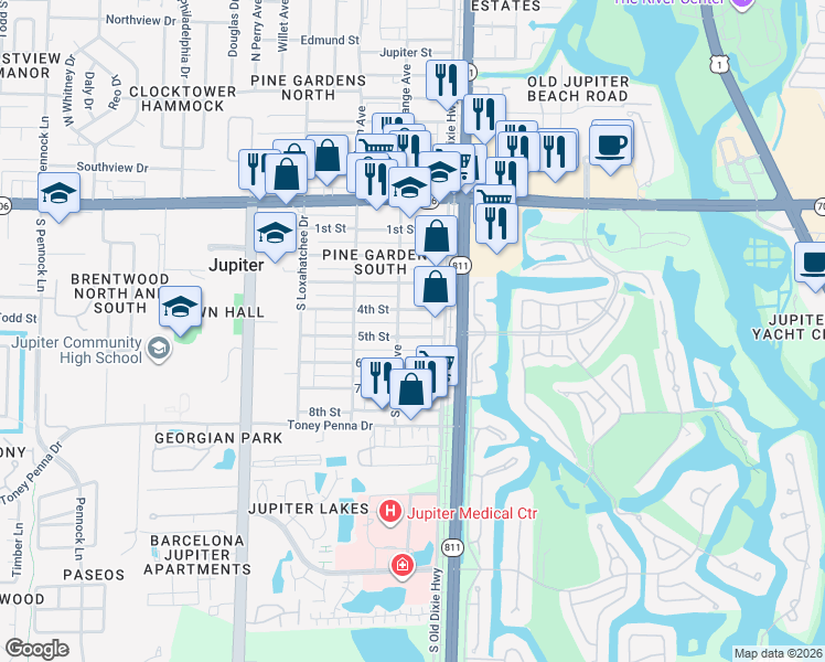 map of restaurants, bars, coffee shops, grocery stores, and more near 137 5th Street in Jupiter