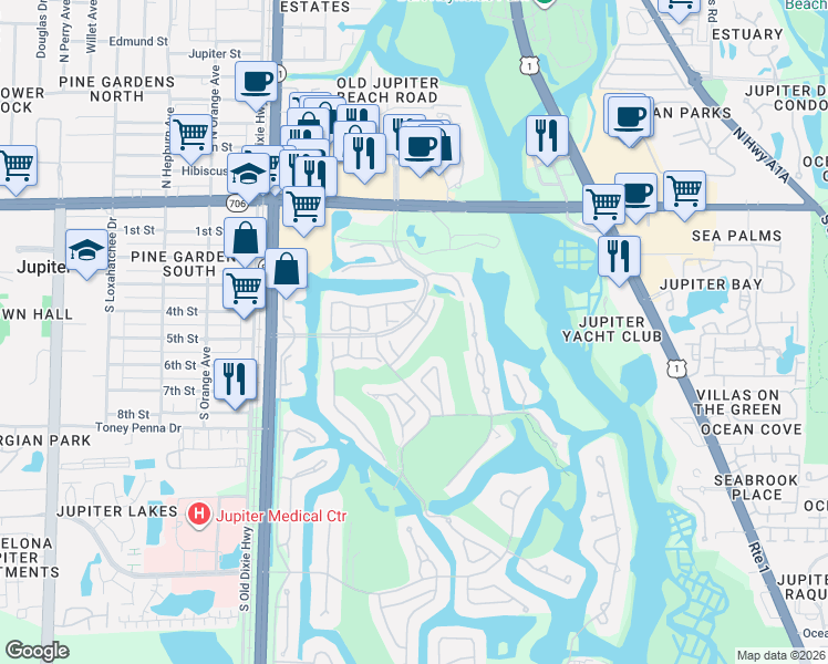 map of restaurants, bars, coffee shops, grocery stores, and more near 3648 Freshwater Drive in Jupiter
