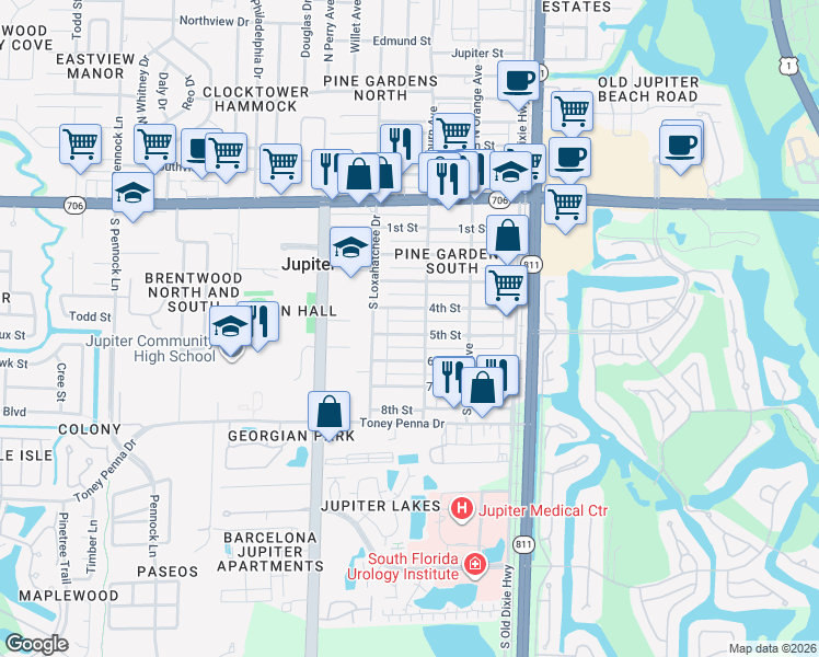 map of restaurants, bars, coffee shops, grocery stores, and more near 307 5th Street in Jupiter