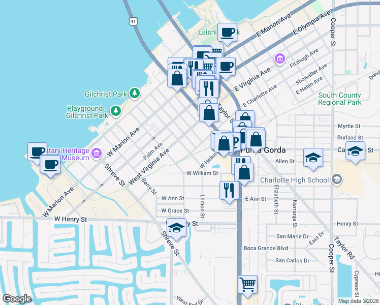 map of restaurants, bars, coffee shops, grocery stores, and more near 500 Gill Street in Punta Gorda