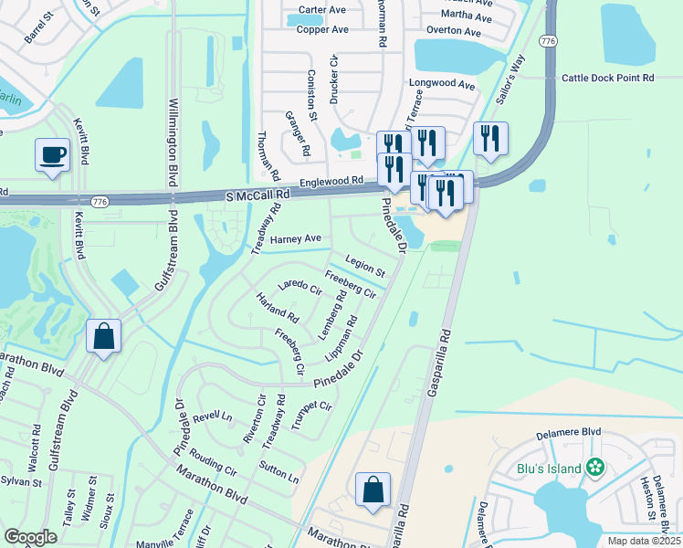 map of restaurants, bars, coffee shops, grocery stores, and more near 7127 Freeberg Circle in Port Charlotte