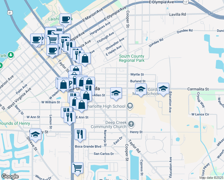 map of restaurants, bars, coffee shops, grocery stores, and more near 505 Carmalita Street in Punta Gorda