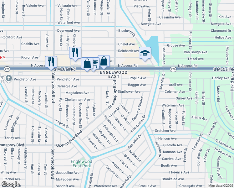 map of restaurants, bars, coffee shops, grocery stores, and more near 7047 Crown Drive in Englewood