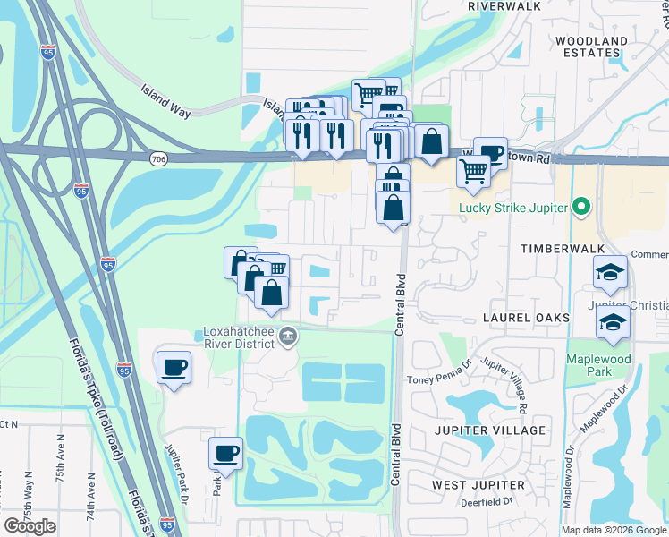 map of restaurants, bars, coffee shops, grocery stores, and more near 3 Mallard Cove Road in Jupiter
