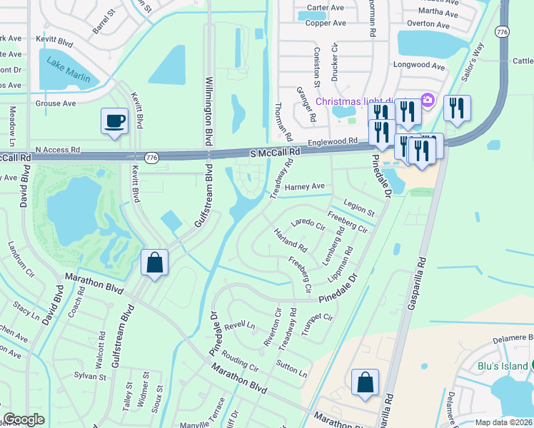 map of restaurants, bars, coffee shops, grocery stores, and more near 7028 Treadway Road in Port Charlotte