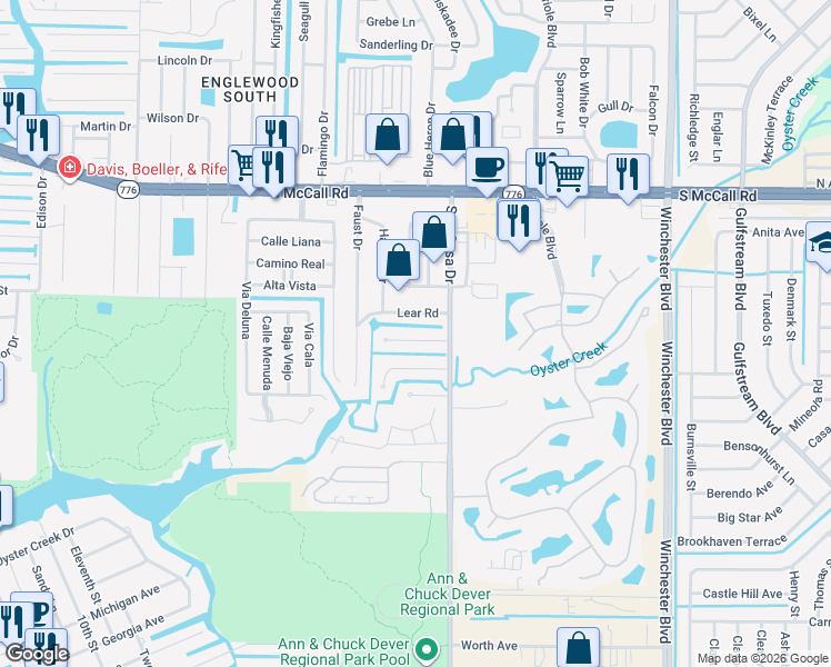 map of restaurants, bars, coffee shops, grocery stores, and more near 2577 Oberon Road in Englewood